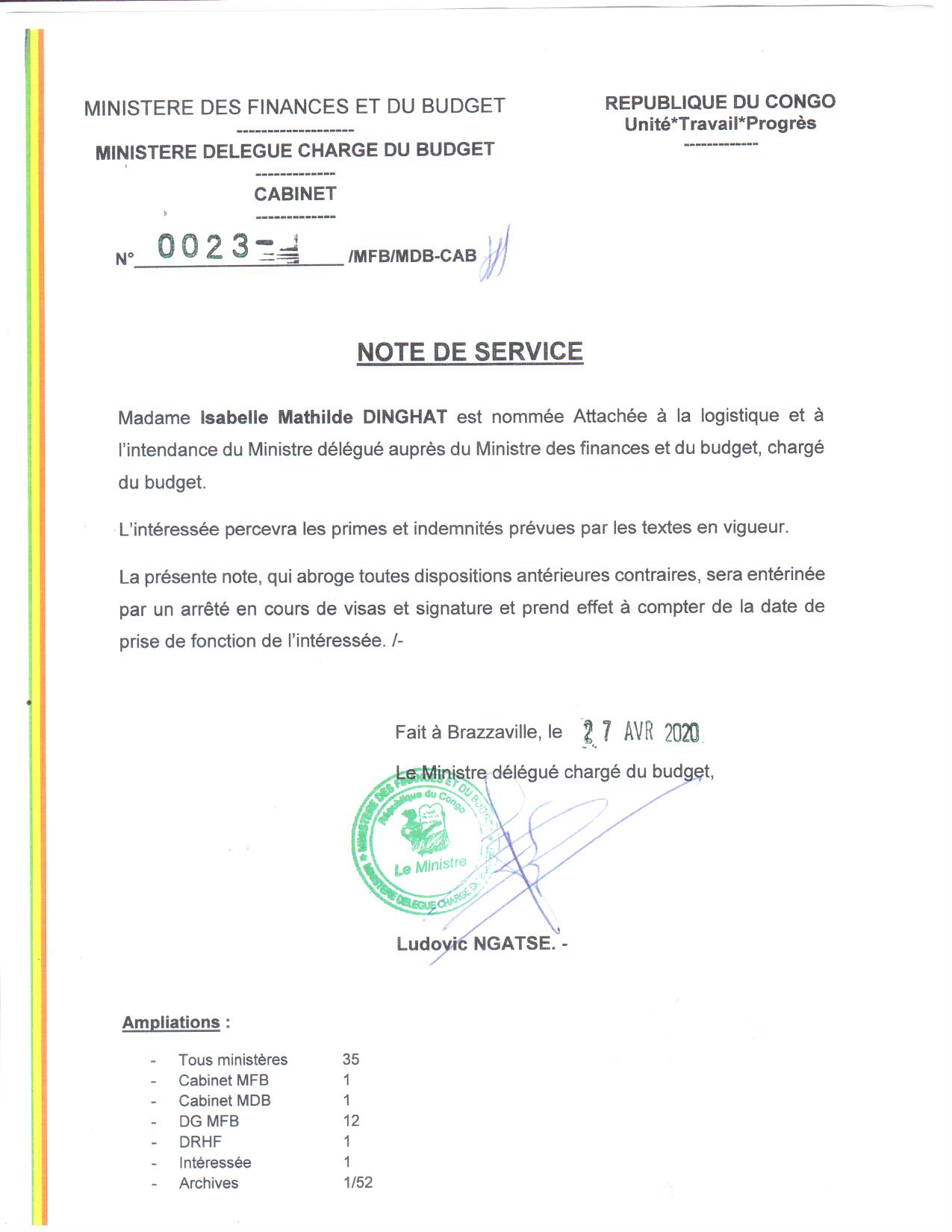 Note de service n°0023/MFB/MDBCAB relative à la nomination de l